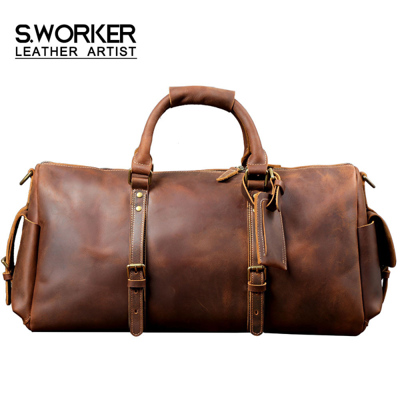 Férfi utazó táska valódi bőrből (felső réteg tehénbőr, Vintage Crazy Horse bőr, nagy kapacitás)