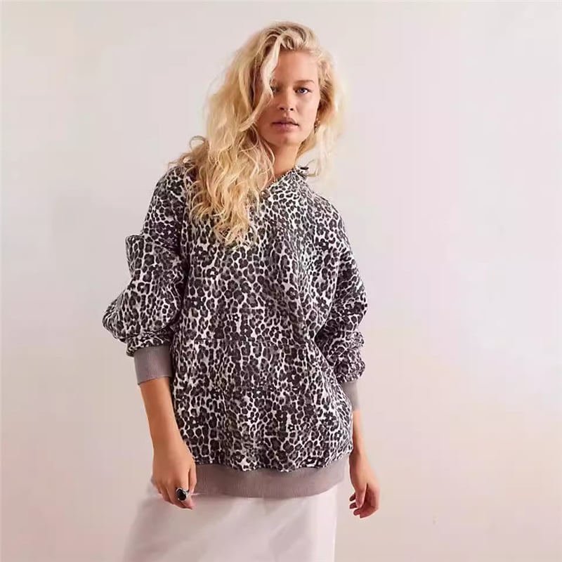 Дамски суитшър с качулка, принт животински модел, свободна кройка, полиестер с еластан, дълги ръкави