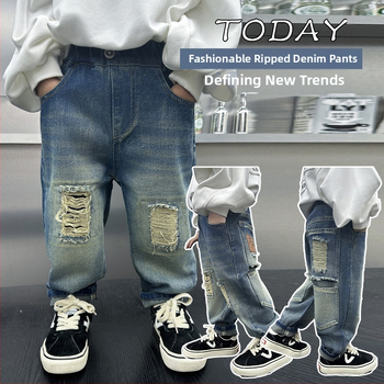 Παιδικά βαμβακερά τζιν με σχισίματα, Κορεάτικο στυλ, μεσαίας μέσης με ελαστικό, μοτίβο καρτούν/γραφήματα, Φθινόπωρο 2024