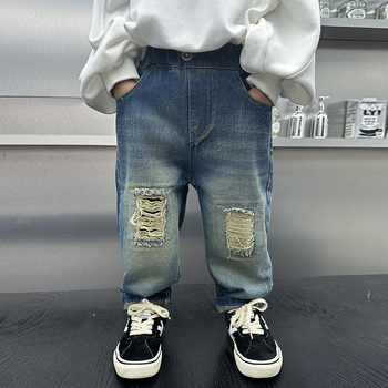 Παιδικά βαμβακερά τζιν με σχισίματα, Κορεάτικο στυλ, μεσαίας μέσης με ελαστικό, μοτίβο καρτούν/γραφήματα, Φθινόπωρο 2024