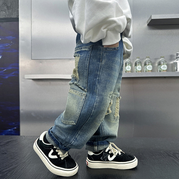 Παιδικά βαμβακερά τζιν με σχισίματα, Κορεάτικο στυλ, μεσαίας μέσης με ελαστικό, μοτίβο καρτούν/γραφήματα, Φθινόπωρο 2024