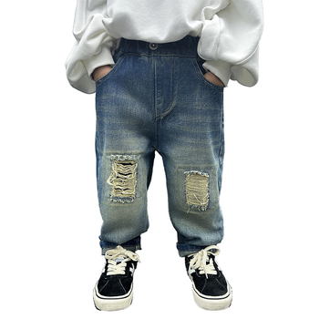 Παιδικά βαμβακερά τζιν με σχισίματα, Κορεάτικο στυλ, μεσαίας μέσης με ελαστικό, μοτίβο καρτούν/γραφήματα, Φθινόπωρο 2024