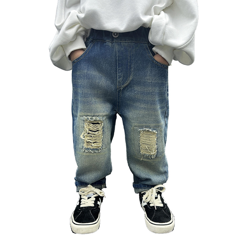 Παιδικά βαμβακερά τζιν με σχισίματα, Κορεάτικο στυλ, μεσαίας μέσης με ελαστικό, μοτίβο καρτούν/γραφήματα, Φθινόπωρο 2024