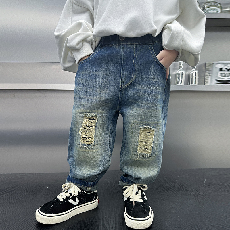 Παιδικά βαμβακερά τζιν με σχισίματα, Κορεάτικο στυλ, μεσαίας μέσης με ελαστικό, μοτίβο καρτούν/γραφήματα, Φθινόπωρο 2024