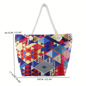 Полиестерна чанта в бохемски геометричен стил, хоризонтално квадратна форма, цип, вътрешен джоб за телефон и вътрешен джоб за документи, двойни презрамки