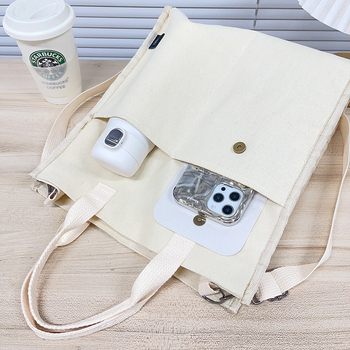 Női vászon táska - városi egyszerűség, horizontális négyzet alak, nyitás fedél, belső szerkezet cipzár zseb, telefon zseb, sandwich cipzár zseb