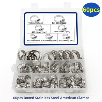 Set čeličnih stezaljki za cijevi američkog stila, u kutiji, 60 kom, za cijevi, nominalni promjer 8–44 mm