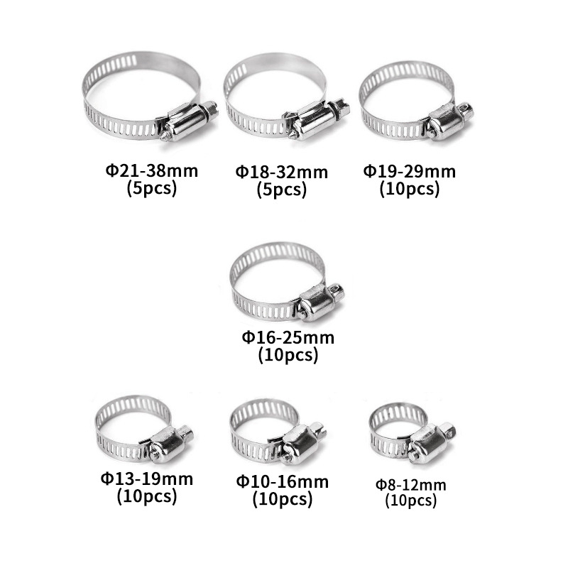 Set čeličnih stezaljki za cijevi američkog stila, u kutiji, 60 kom, za cijevi, nominalni promjer 8–44 mm