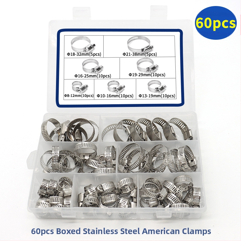 Set čeličnih stezaljki za cijevi američkog stila, u kutiji, 60 kom, za cijevi, nominalni promjer 8–44 mm