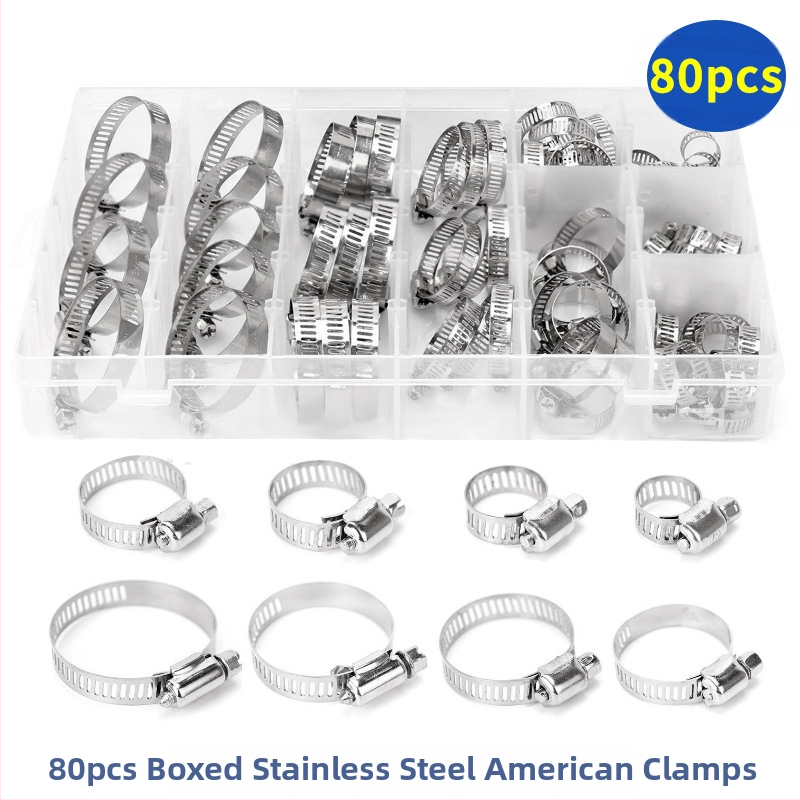 Set čeličnih stezaljki za cijevi američkog stila, u kutiji, 60 kom, za cijevi, nominalni promjer 8–44 mm