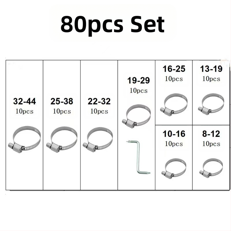 Skup spona za crijeva u američkom stilu, 40–120 kom, nominalni promjeri 8–16 mm, promjer zatvaranja 11–26 mm, marka Ruili Chang