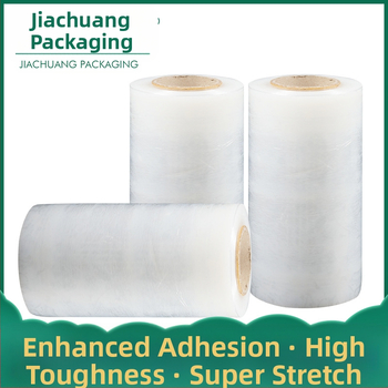 Stretch wrap plēve – caurspīdīga PE plēve ar augstu viskozitāti, tīrais svars 4 kg, izcelsme: Linyi, Shandong; zīmols: Jiachuang