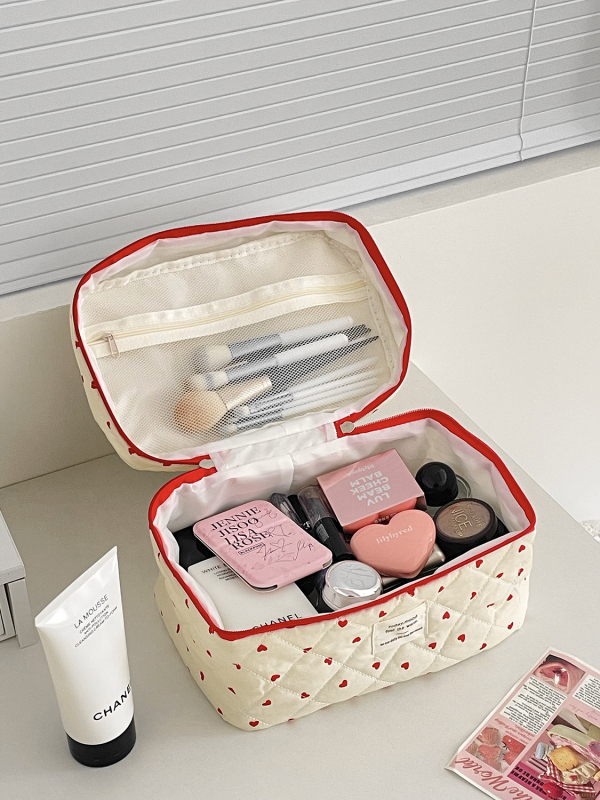 Козметична чанта за тоалетни принадлежности с голям капацитет, памук, геометричен принт, подплата полиестер, унисекс дизайн