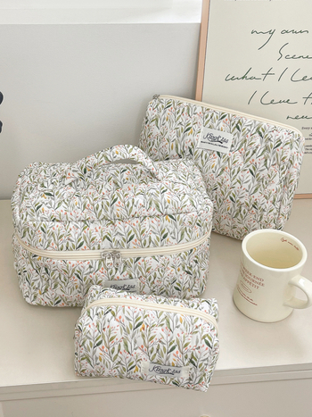 Козметична чанта с голям капацитет, памучен външен корпус, флорална шарка, подплата от полиестер, ултралека конструкция