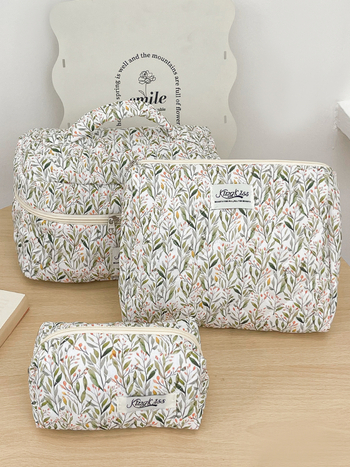 Козметична чанта с голям капацитет, памучен външен корпус, флорална шарка, подплата от полиестер, ултралека конструкция