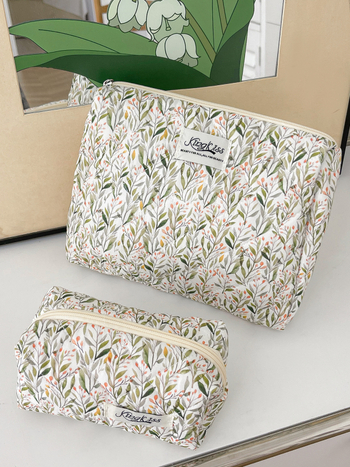 Козметична чанта с голям капацитет, памучен външен корпус, флорална шарка, подплата от полиестер, ултралека конструкция
