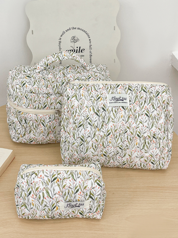 Козметична чанта с голям капацитет, памучен външен корпус, флорална шарка, подплата от полиестер, ултралека конструкция