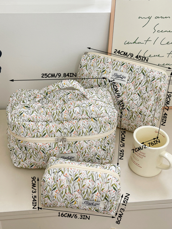 Козметична чанта с голям капацитет, памучен външен корпус, флорална шарка, подплата от полиестер, ултралека конструкция