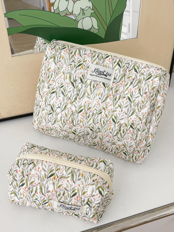 Козметична чанта с голям капацитет, памучен външен корпус, флорална шарка, подплата от полиестер, ултралека конструкция