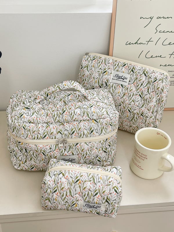 Козметична чанта с голям капацитет, памучен външен корпус, флорална шарка, подплата от полиестер, ултралека конструкция