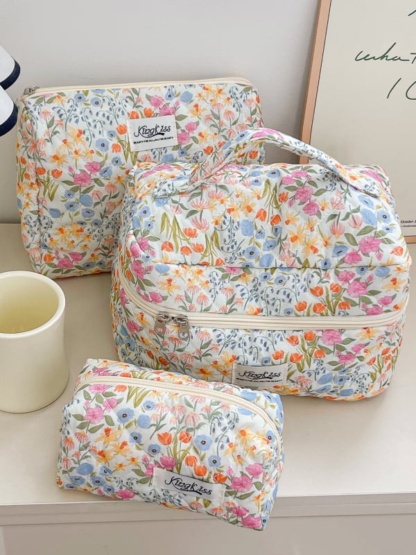 Козметична чанта с голям капацитет, памучен външен корпус, флорална шарка, подплата от полиестер, ултралека конструкция