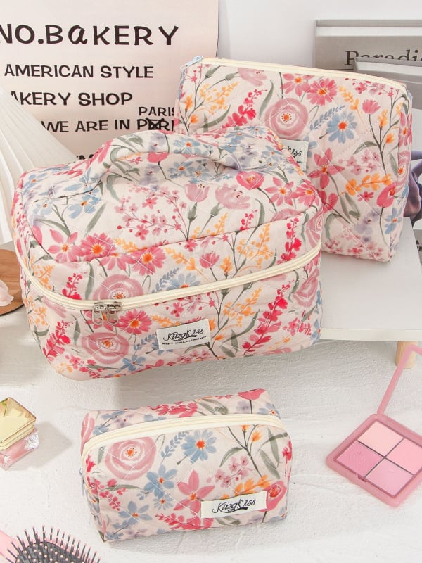 Козметична чанта с голям капацитет, памучен външен корпус, флорална шарка, подплата от полиестер, ултралека конструкция