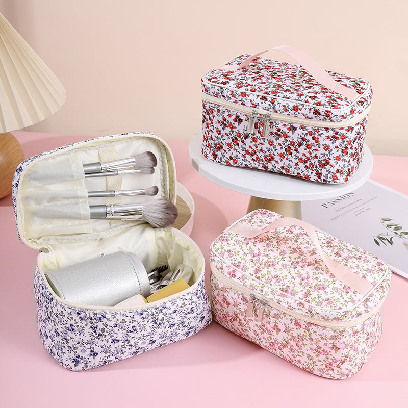 Besya uniszex négyszögletes kozmetikai táska, virágos minta, pamut anyag, bélés poliészter, nagy kapacitás