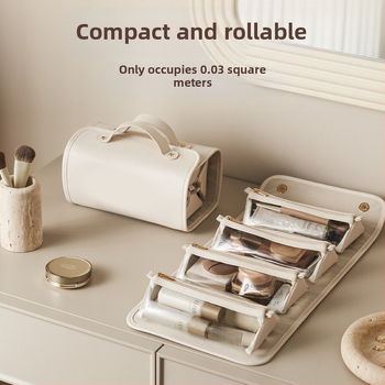 Ino сгъваема козметична чанта с множество отделения – PU материал, PU подплата, едноцветна, стил свеж и сладък; устойчива на износване, разширяема и подходяща за съхранение, за жени