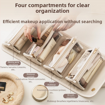 Ino сгъваема козметична чанта с множество отделения – PU материал, PU подплата, едноцветна, стил свеж и сладък; устойчива на износване, разширяема и подходяща за съхранение, за жени