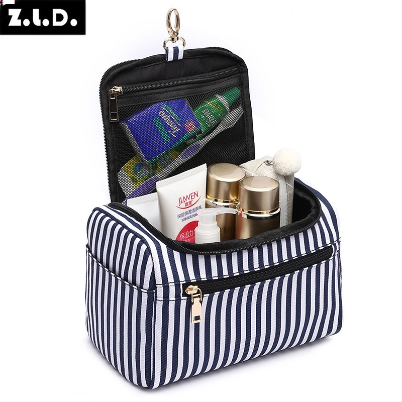 Козметична чанта за ежедневна употреба – райета, платно, подплата полиестер, урбанистичен стил, мултифункционална за съхранение на козметика
