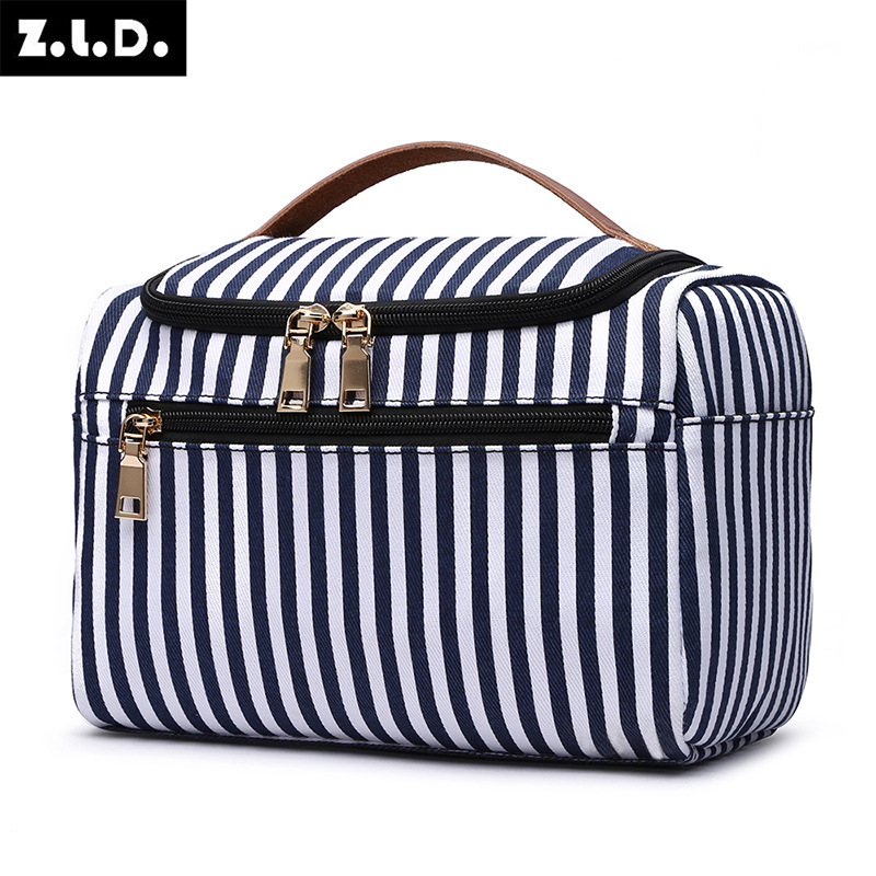 Козметична чанта за ежедневна употреба – райета, платно, подплата полиестер, урбанистичен стил, мултифункционална за съхранение на козметика