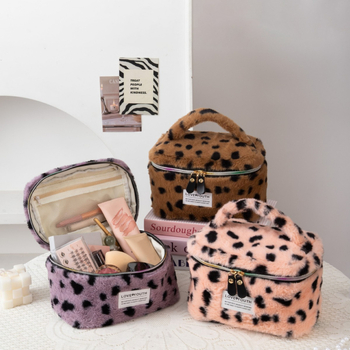 Geantă de makeup, pluș, imprimeu leopard, capacitate mare, ultra-ușoară