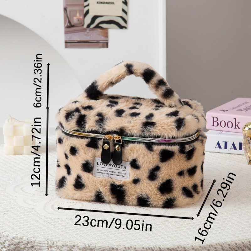 Geantă de makeup, pluș, imprimeu leopard, capacitate mare, ultra-ușoară