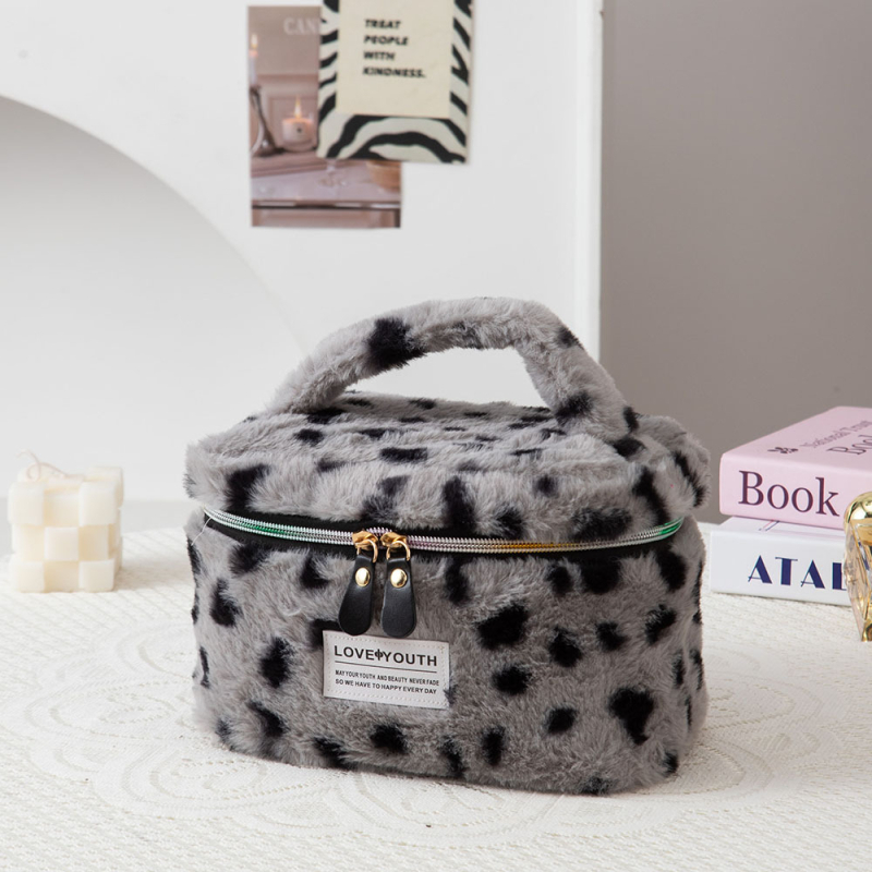 Geantă de makeup, pluș, imprimeu leopard, capacitate mare, ultra-ușoară