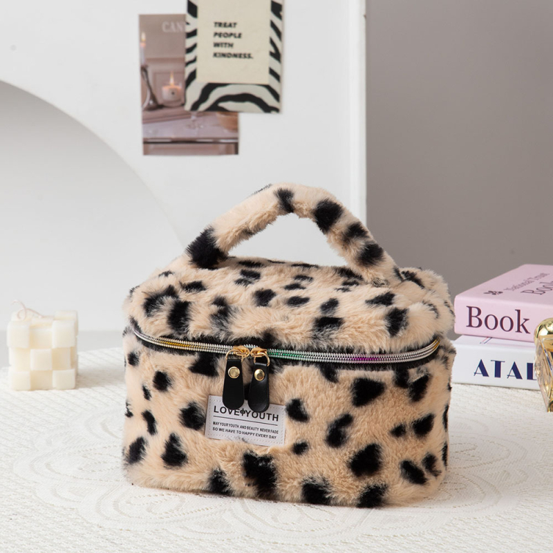 Geantă de makeup, pluș, imprimeu leopard, capacitate mare, ultra-ușoară