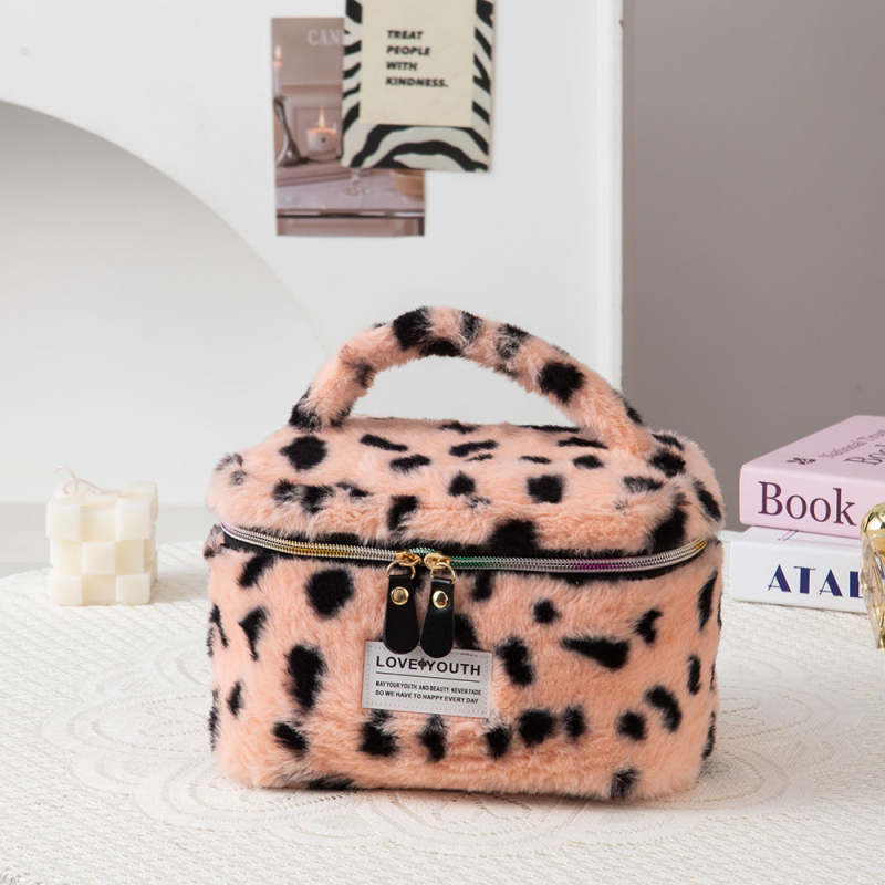 Geantă de makeup, pluș, imprimeu leopard, capacitate mare, ultra-ușoară