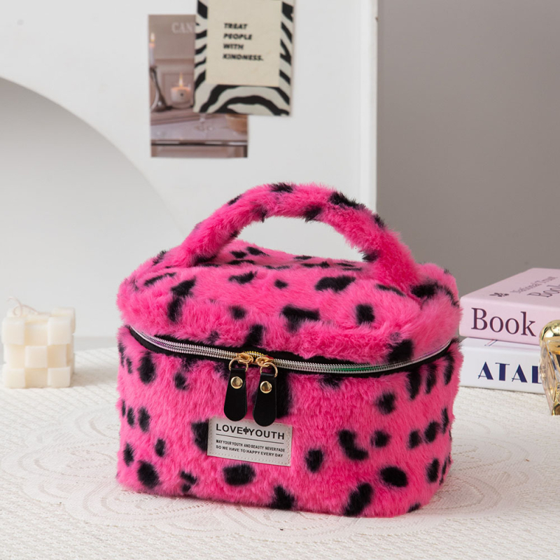 Geantă de makeup, pluș, imprimeu leopard, capacitate mare, ultra-ușoară