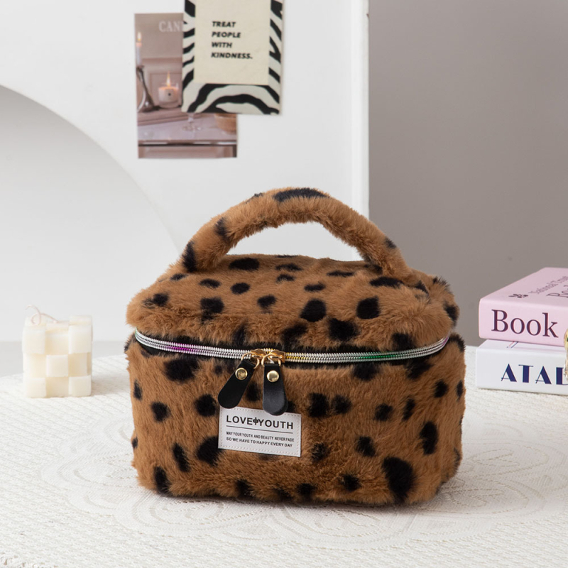 Geantă de makeup, pluș, imprimeu leopard, capacitate mare, ultra-ușoară