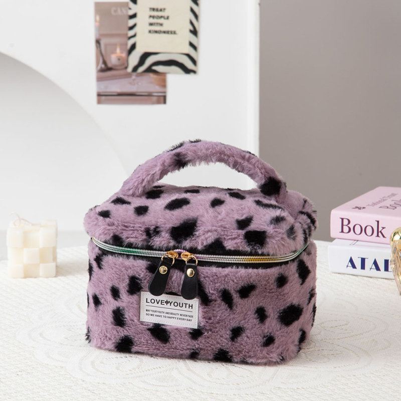 Geantă de makeup, pluș, imprimeu leopard, capacitate mare, ultra-ușoară