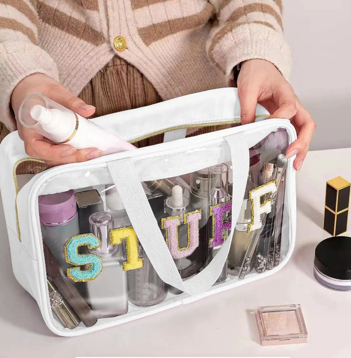 Átlátszó PVC kozmetikai táska, nagy kapacitású, hímzett betűkkel, vízálló, többfunkciós utazási szervező