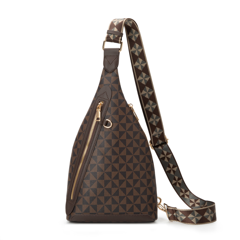 Nyomtatott PVC mellkas táska, uniszex mindennapi crossbody, nagy kapacitású, cipzáros nyitás; belső cipzáros zseb és telefontartó zseb; poliészter bélés; tavasz 2025