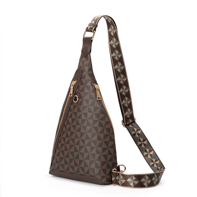 Nyomtatott PVC mellkas táska, uniszex mindennapi crossbody, nagy kapacitású, cipzáros nyitás; belső cipzáros zseb és telefontartó zseb; poliészter bélés; tavasz 2025