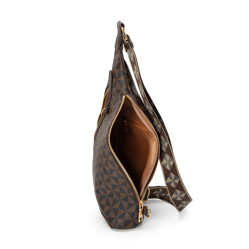 Nyomtatott PVC mellkas táska, uniszex mindennapi crossbody, nagy kapacitású, cipzáros nyitás; belső cipzáros zseb és telefontartó zseb; poliészter bélés; tavasz 2025