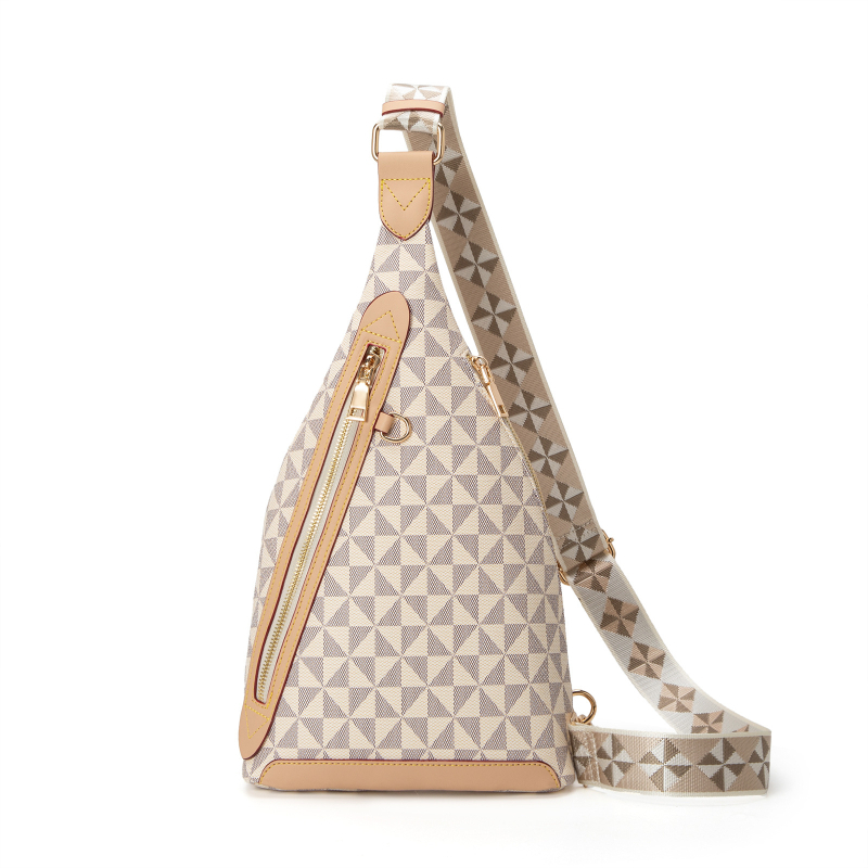 Nyomtatott PVC mellkas táska, uniszex mindennapi crossbody, nagy kapacitású, cipzáros nyitás; belső cipzáros zseb és telefontartó zseb; poliészter bélés; tavasz 2025