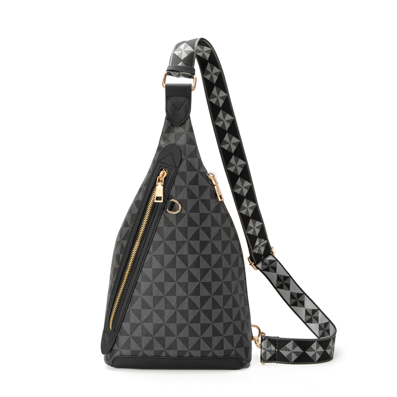 Nyomtatott PVC mellkas táska, uniszex mindennapi crossbody, nagy kapacitású, cipzáros nyitás; belső cipzáros zseb és telefontartó zseb; poliészter bélés; tavasz 2025