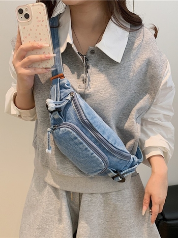 Geantă crossbody din denim, stil urban, primăvara 2025, fermoar, buzunar pentru telefon