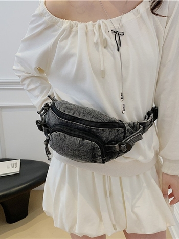 Geantă crossbody din denim, stil urban, primăvara 2025, fermoar, buzunar pentru telefon