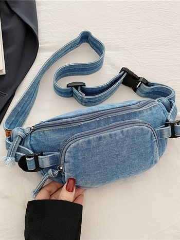 Geantă crossbody din denim, stil urban, primăvara 2025, fermoar, buzunar pentru telefon