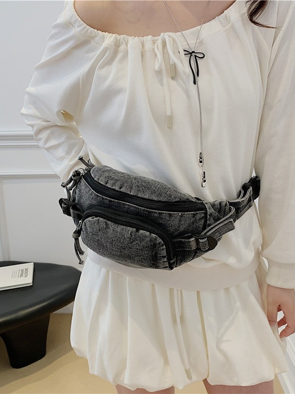 Дънкова чанта за кръст, уличен стил, Пролет 2025, цип, джоб за мобилен телефон