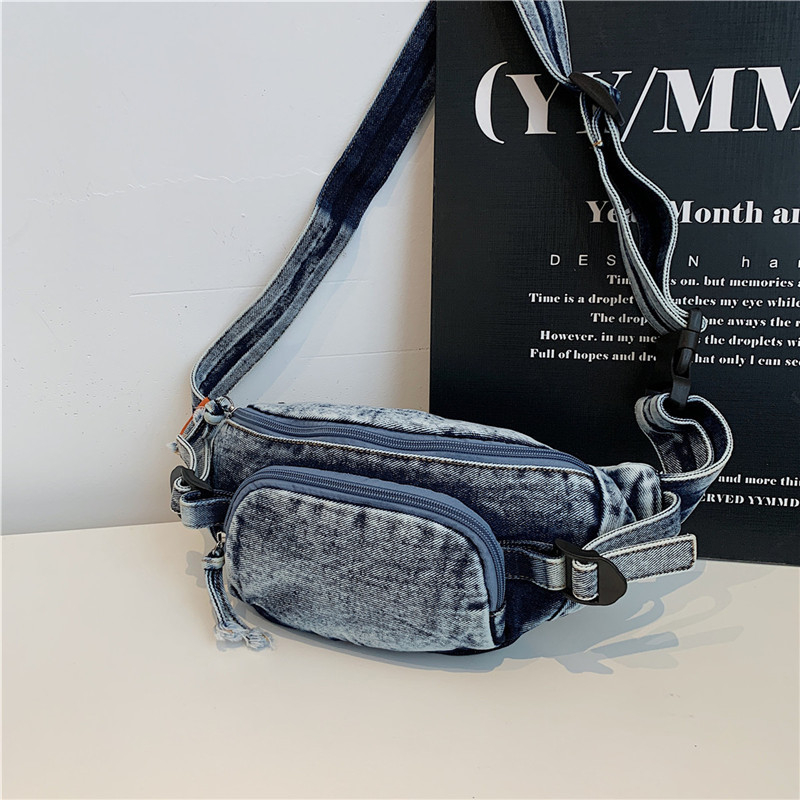Geantă crossbody din denim, stil urban, primăvara 2025, fermoar, buzunar pentru telefon